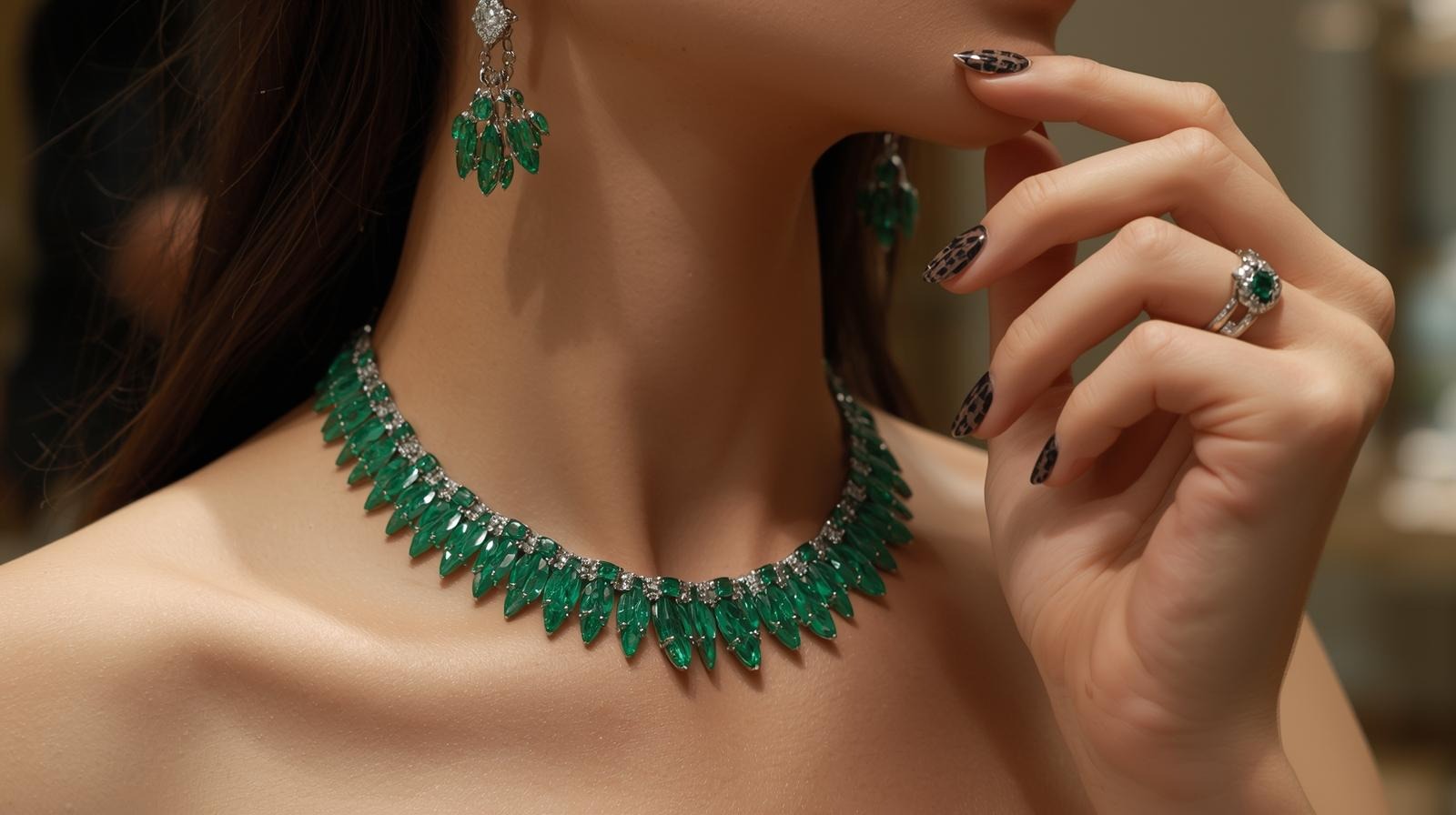 A wide collar of marquise emeralds and matching chandelier earrings.