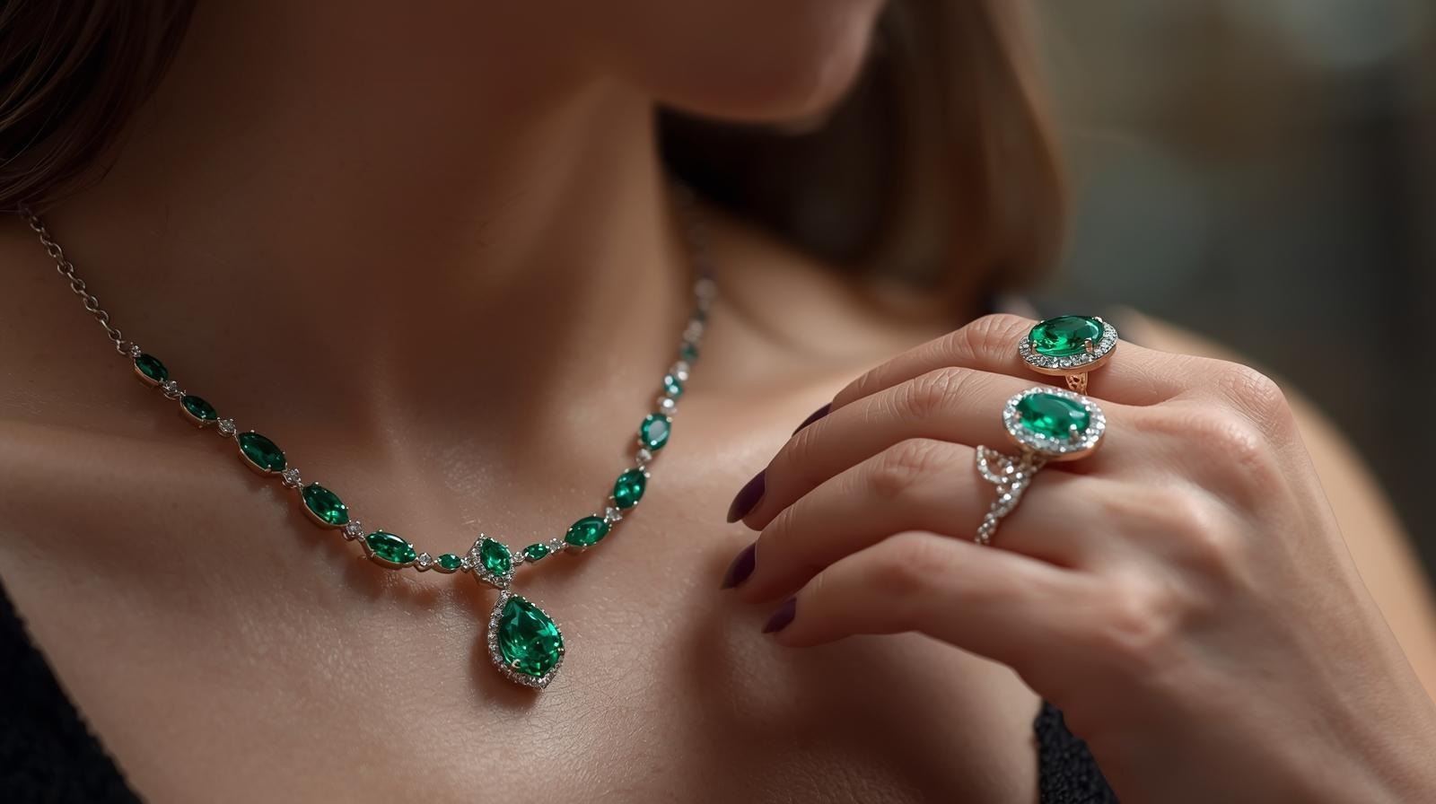 An emerald drop necklace paired with two oval emerald-and-diamond cocktail rings.