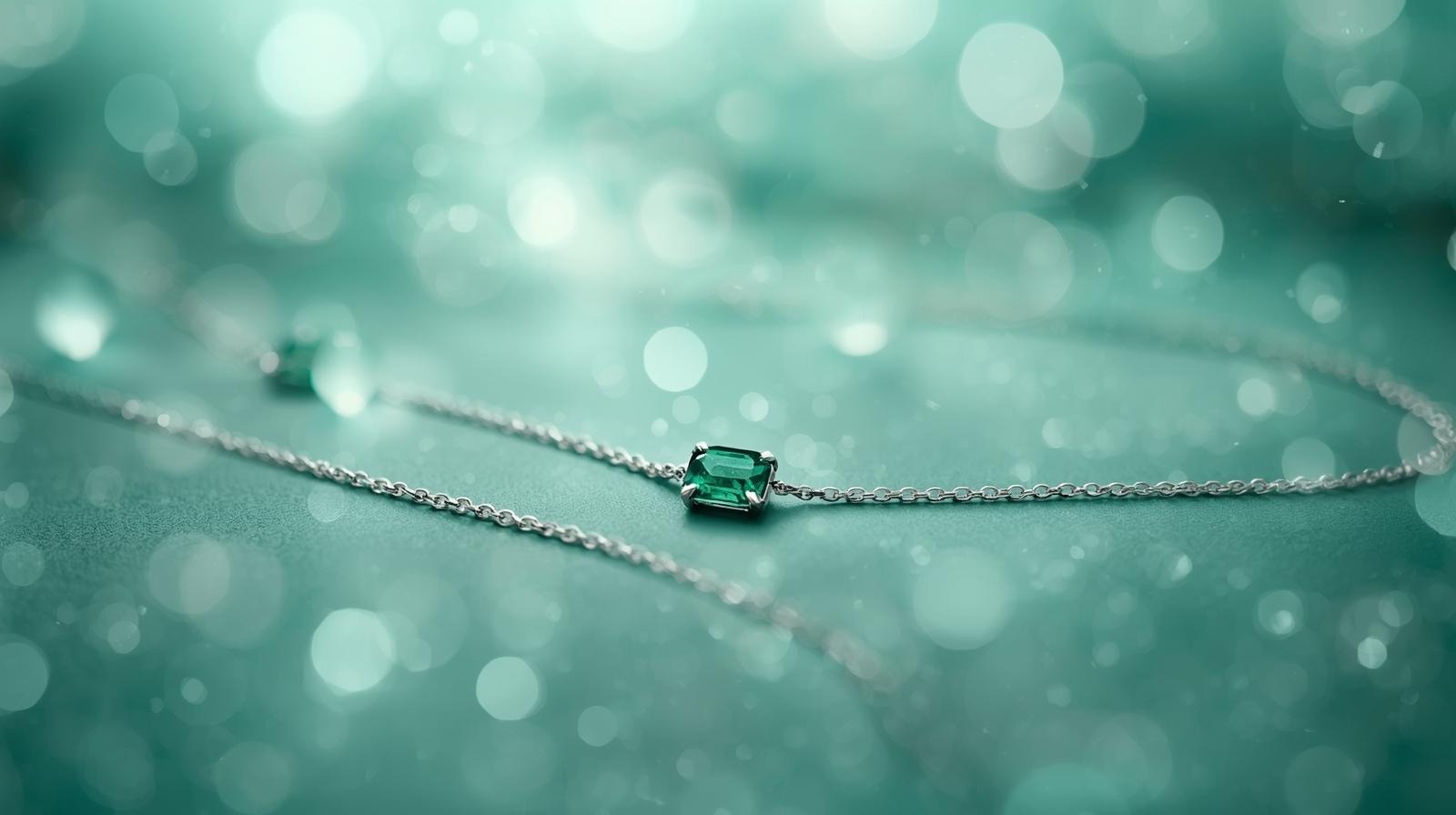 A very fine white-gold chain bracelet holding a small emerald-cut emerald against a bright bokeh of pale green light.