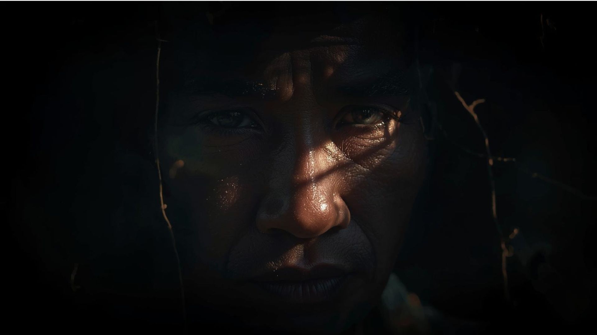 A close portrait of a miner, his face crossed by a single golden shaft of light from above.