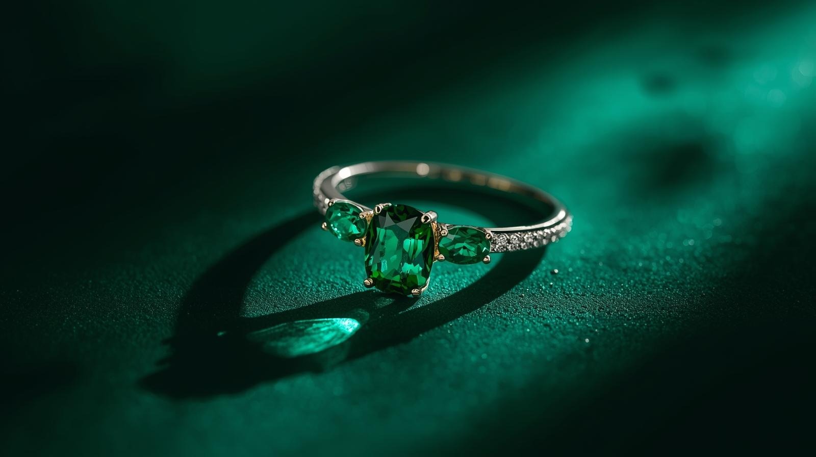 A white-gold trilogy ring set with a cushion emerald flanked by two pear emeralds, on a deep green ground.