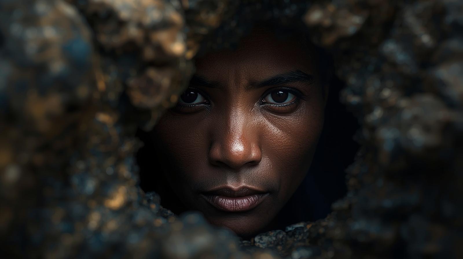A miner's face framed by raw mineral rock, eyes catching a single beam of underground light.