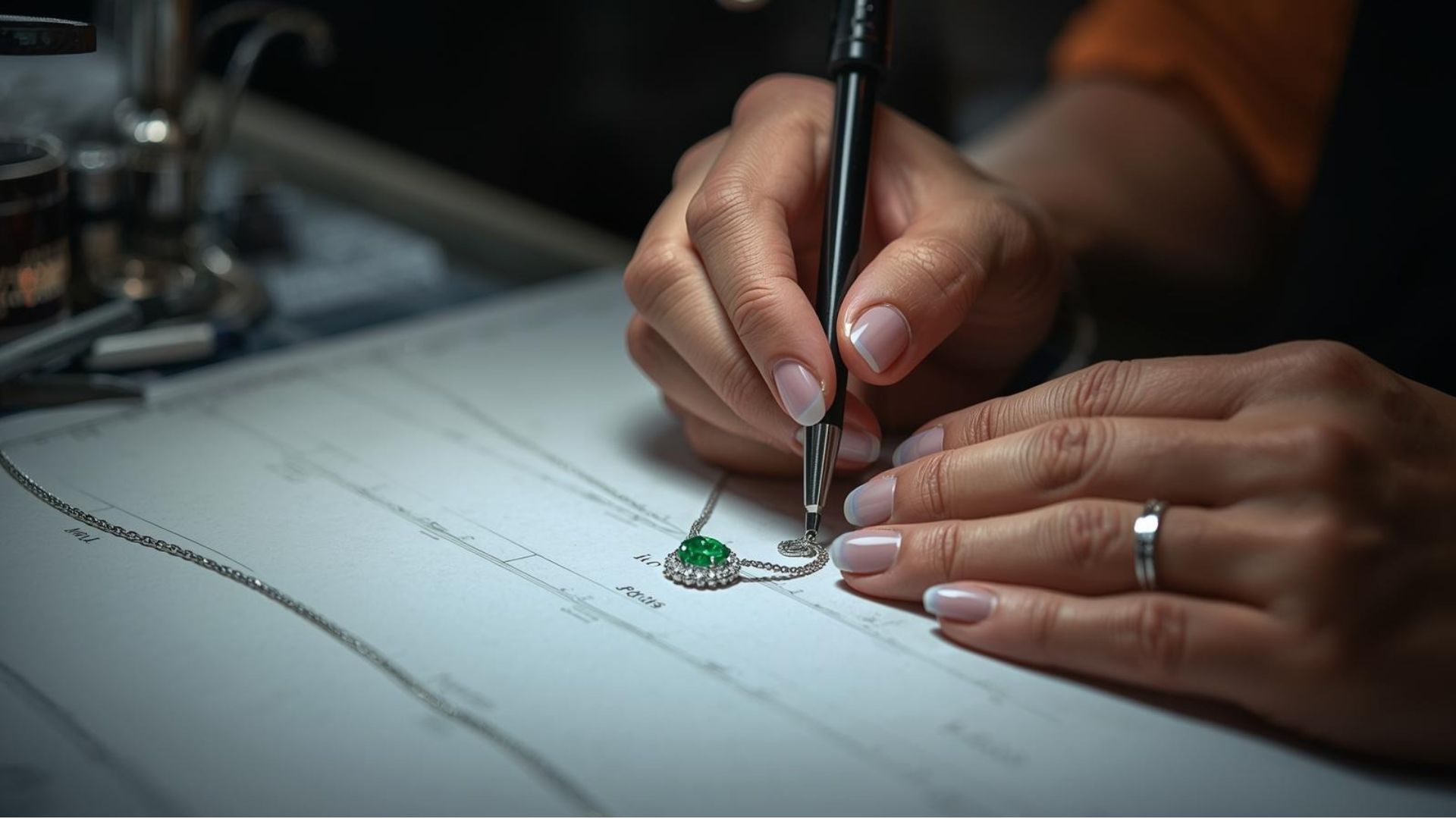 A designer's hand tracing an emerald pendant in pencil over a fine drawing.
