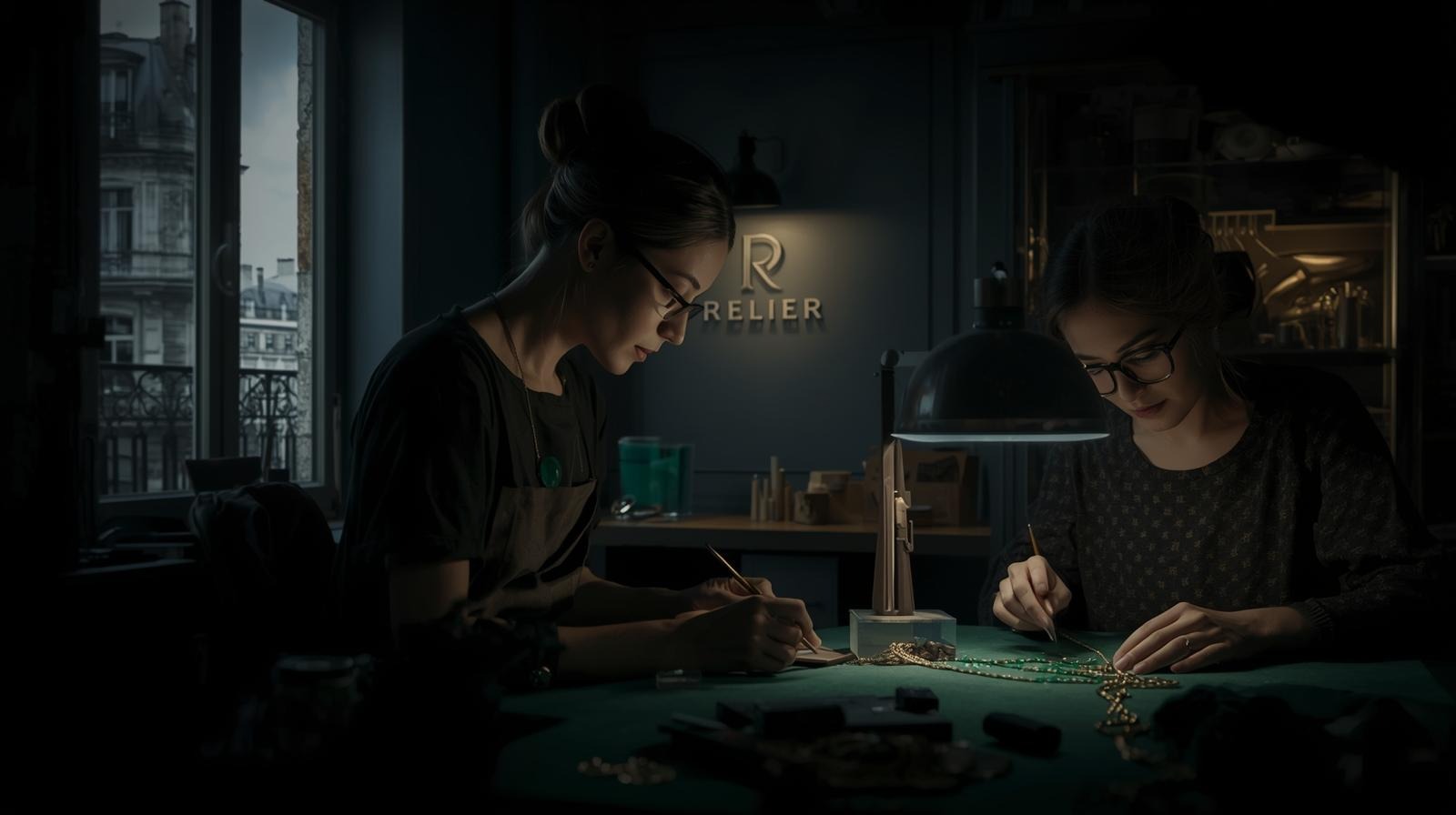 Two artisans beneath the Relier monogram