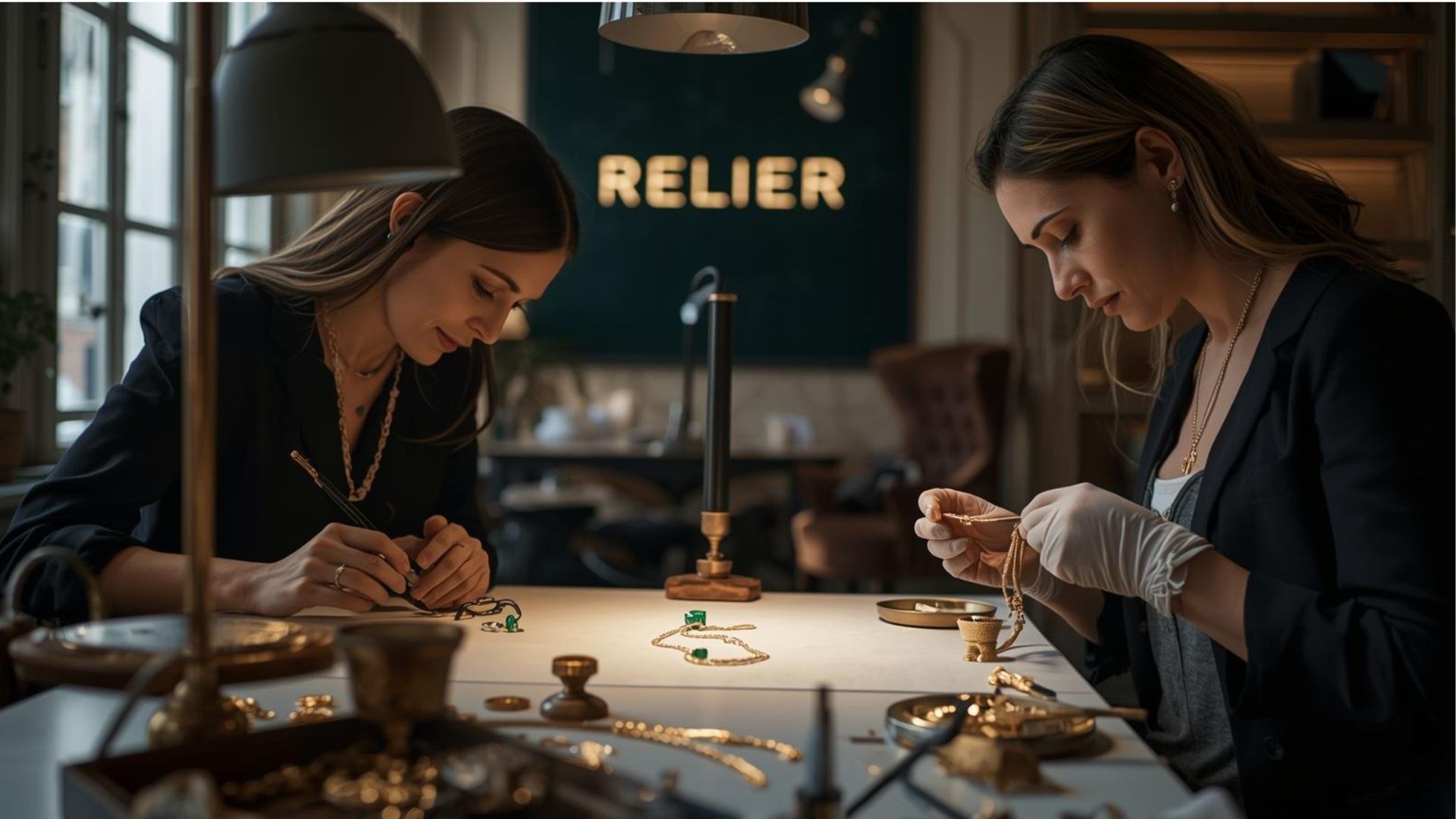 Two artisans at work beneath the Relier signage — one drafting, one inspecting a chain with gloved hands