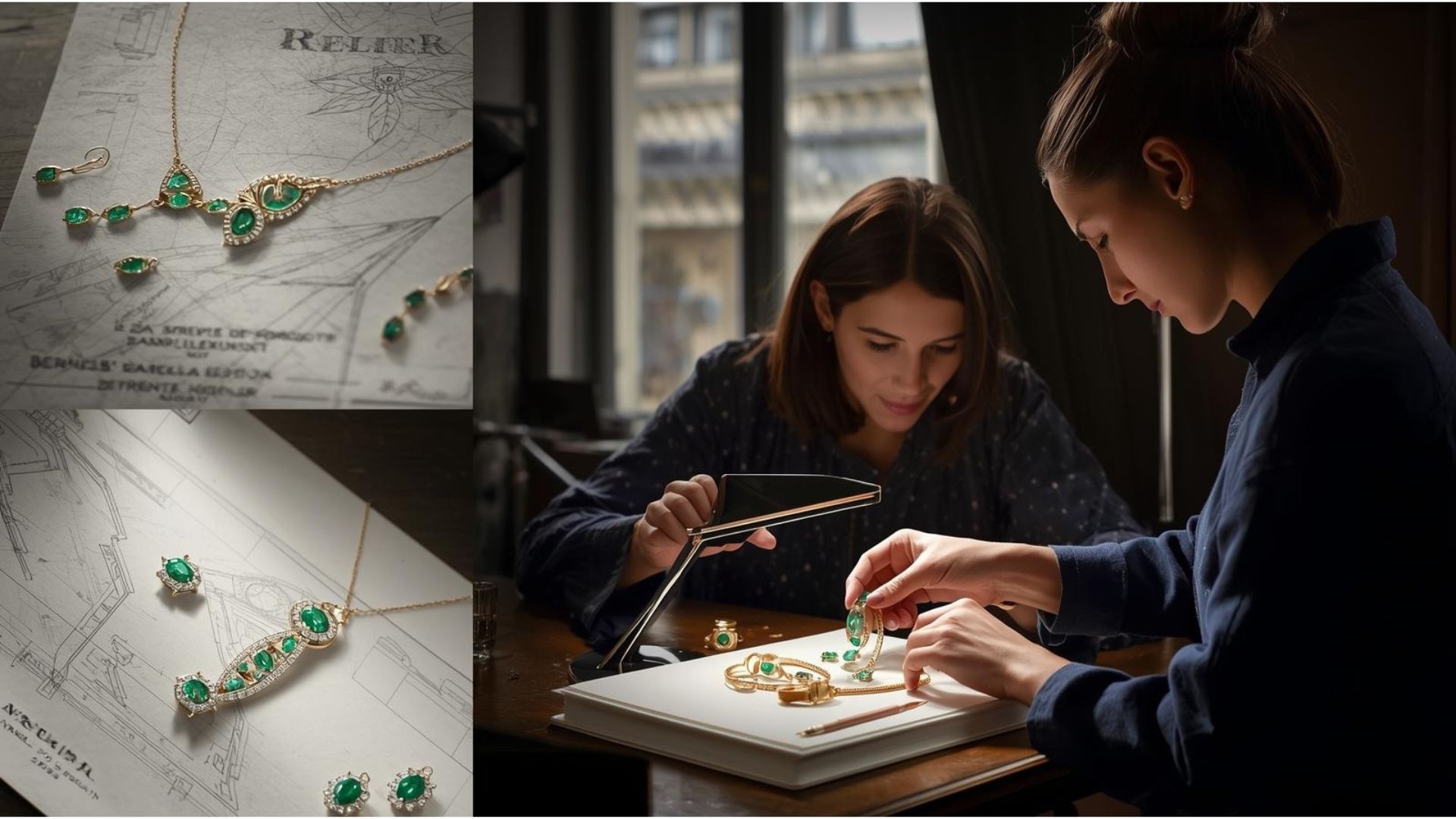 Studies of emerald necklaces and earrings laid on architectural drawings, beside two designers refining a piece by the Paris window