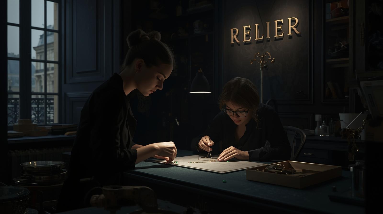 The Relier signage above the atelier table
