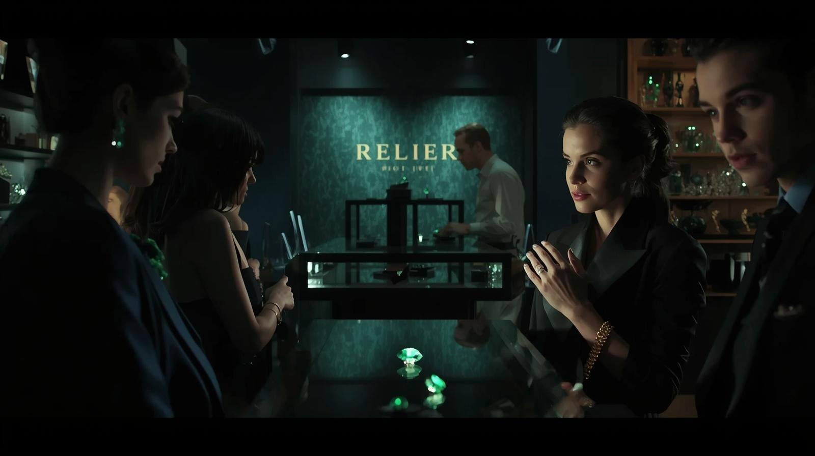 A small salon at dusk, jewels resting on a long glass counter against a dark green wall.