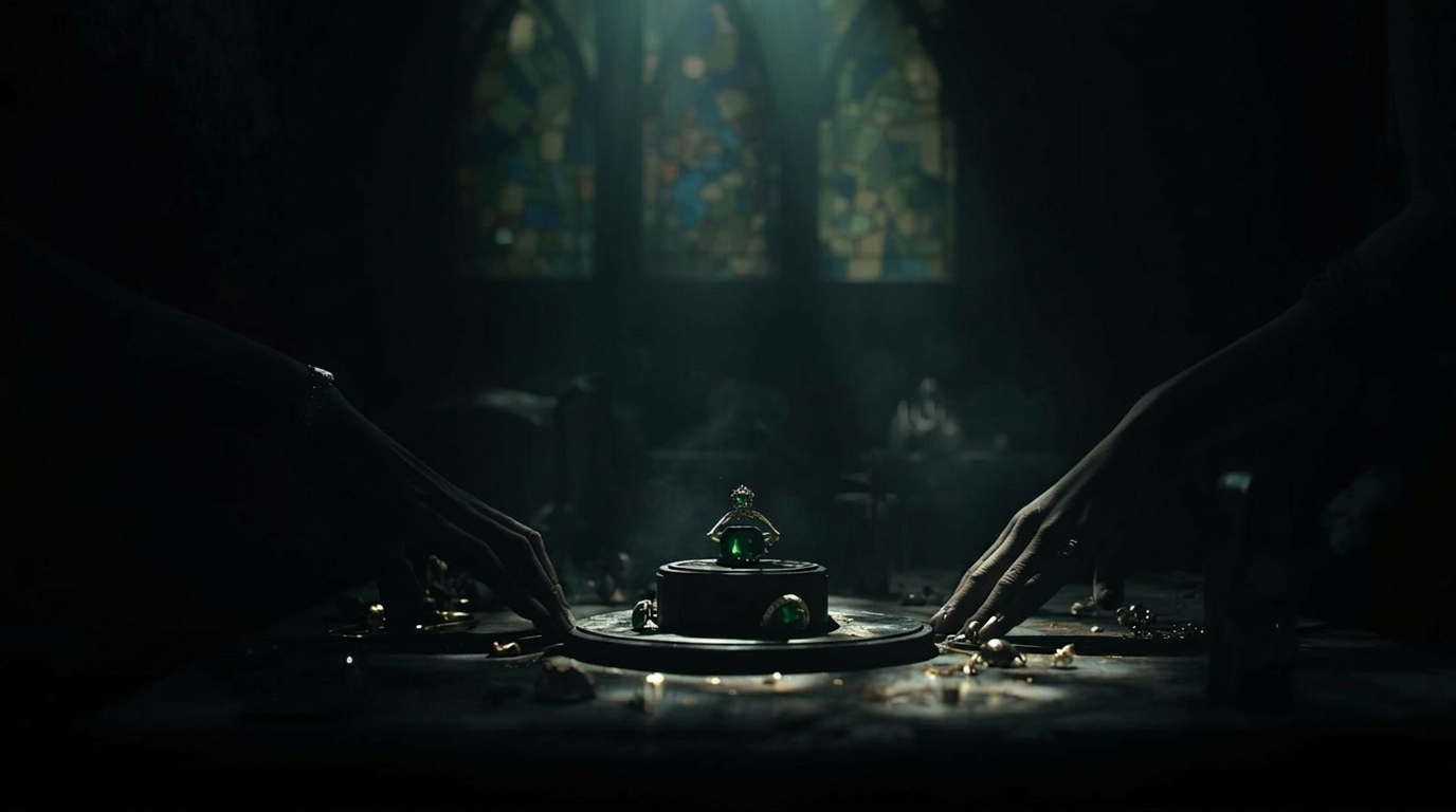 Two hands meeting in silence over a small altar beneath a stained-glass window.