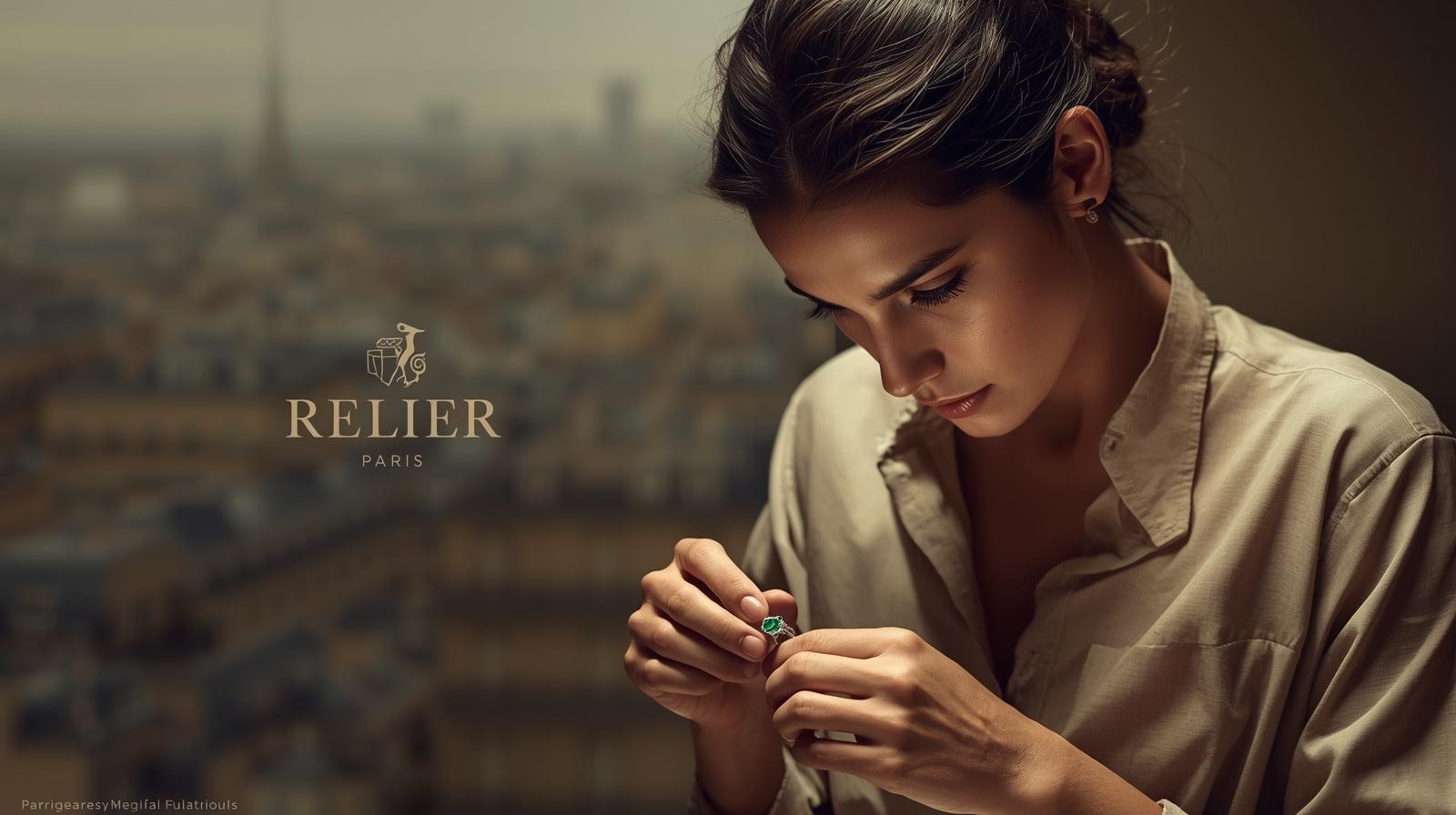 A woman by a window high above Paris, examining a finished emerald ring with concentrated tenderness.