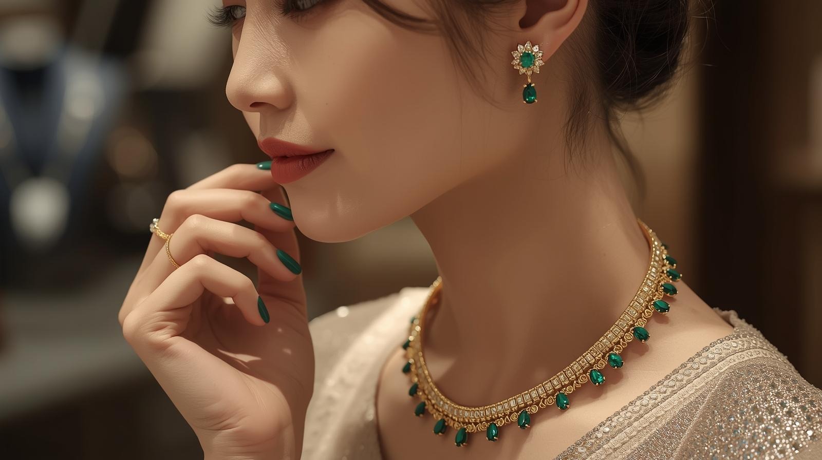 A yellow-gold collar of pear-drop emeralds with matching star earrings.