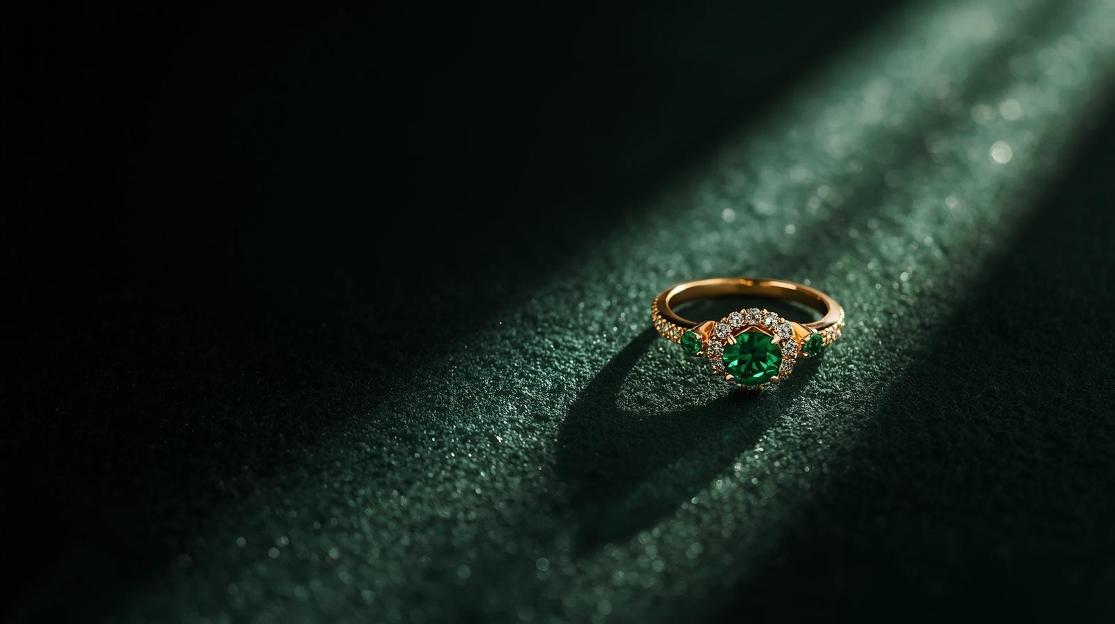 A round emerald solitaire ring in yellow gold, framed by a halo of diamonds and two small emerald shoulders.