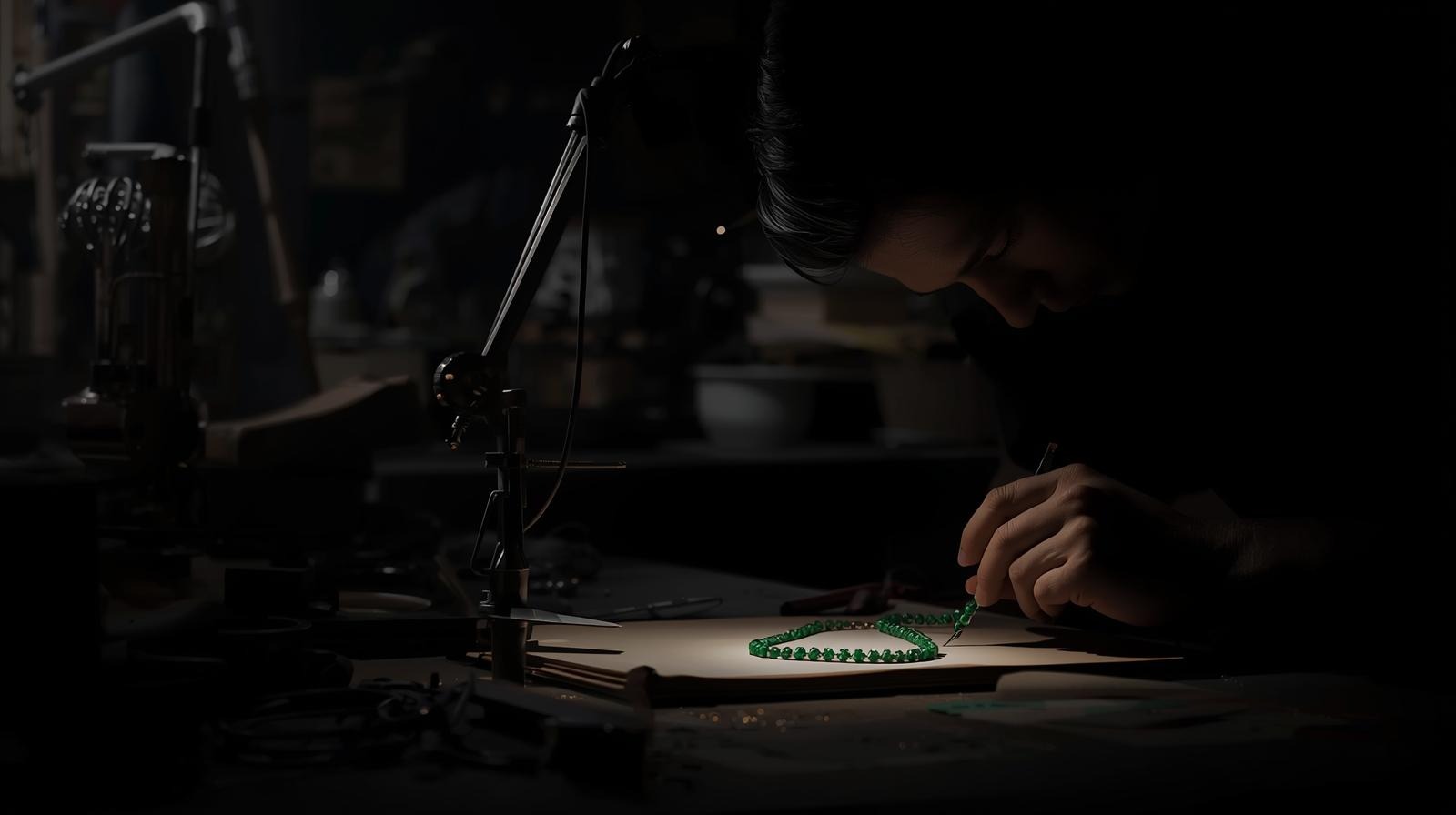 An emerald necklace held under the workshop lamp