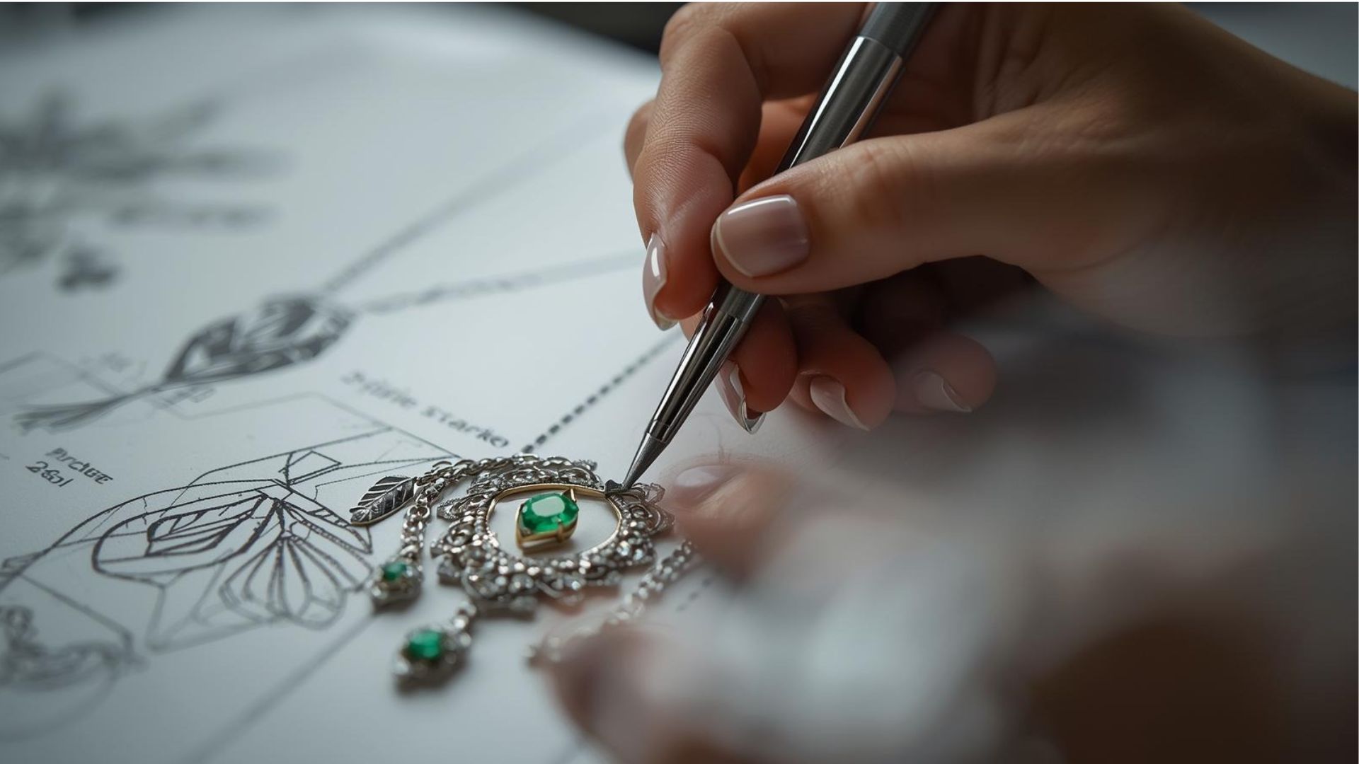 A designer placing a finished emerald-and-diamond pendant on the original sketch to compare.