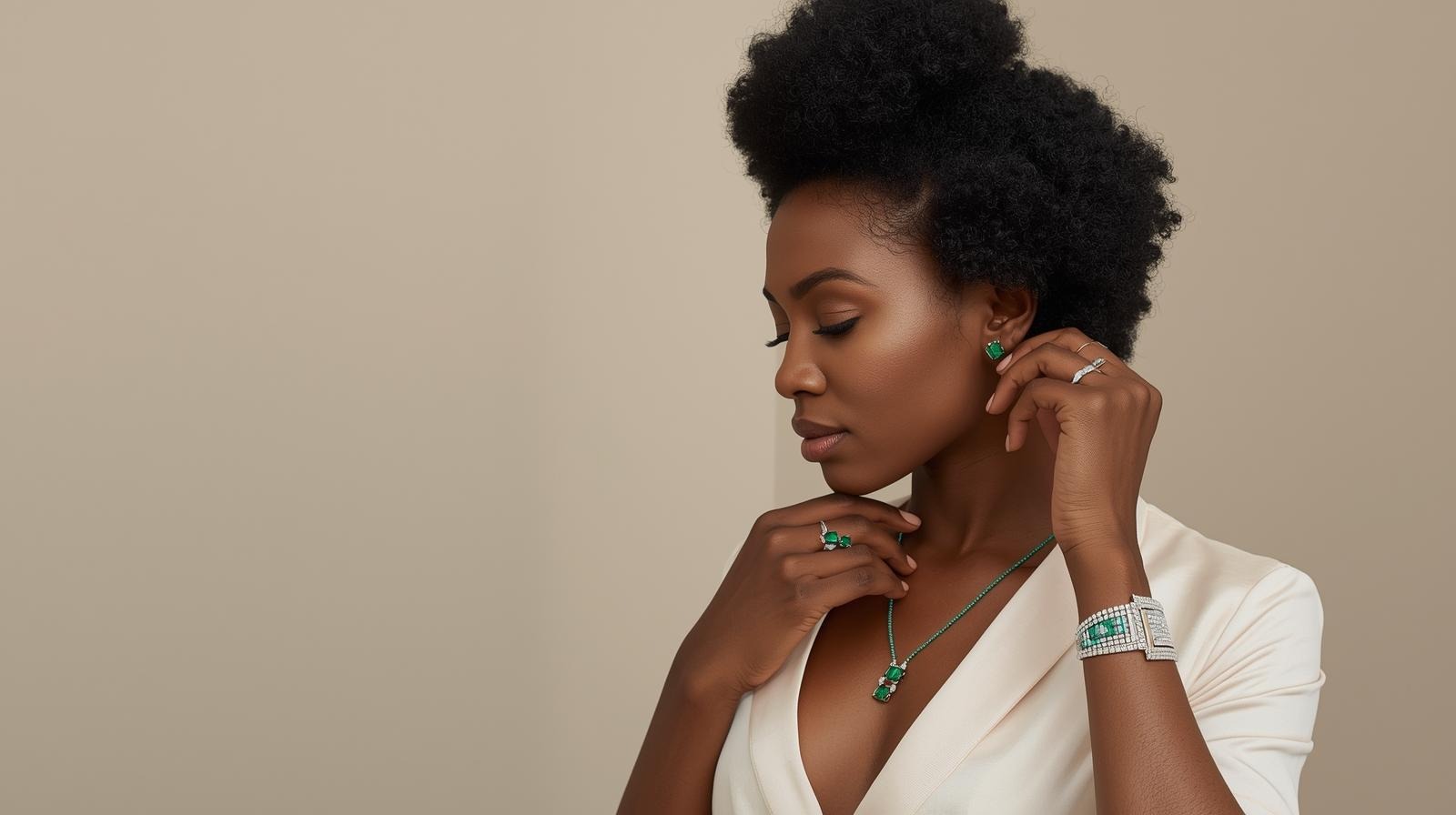 A complete emerald suite worn together: stud earring, ring, pendant and emerald-and-diamond bracelet.