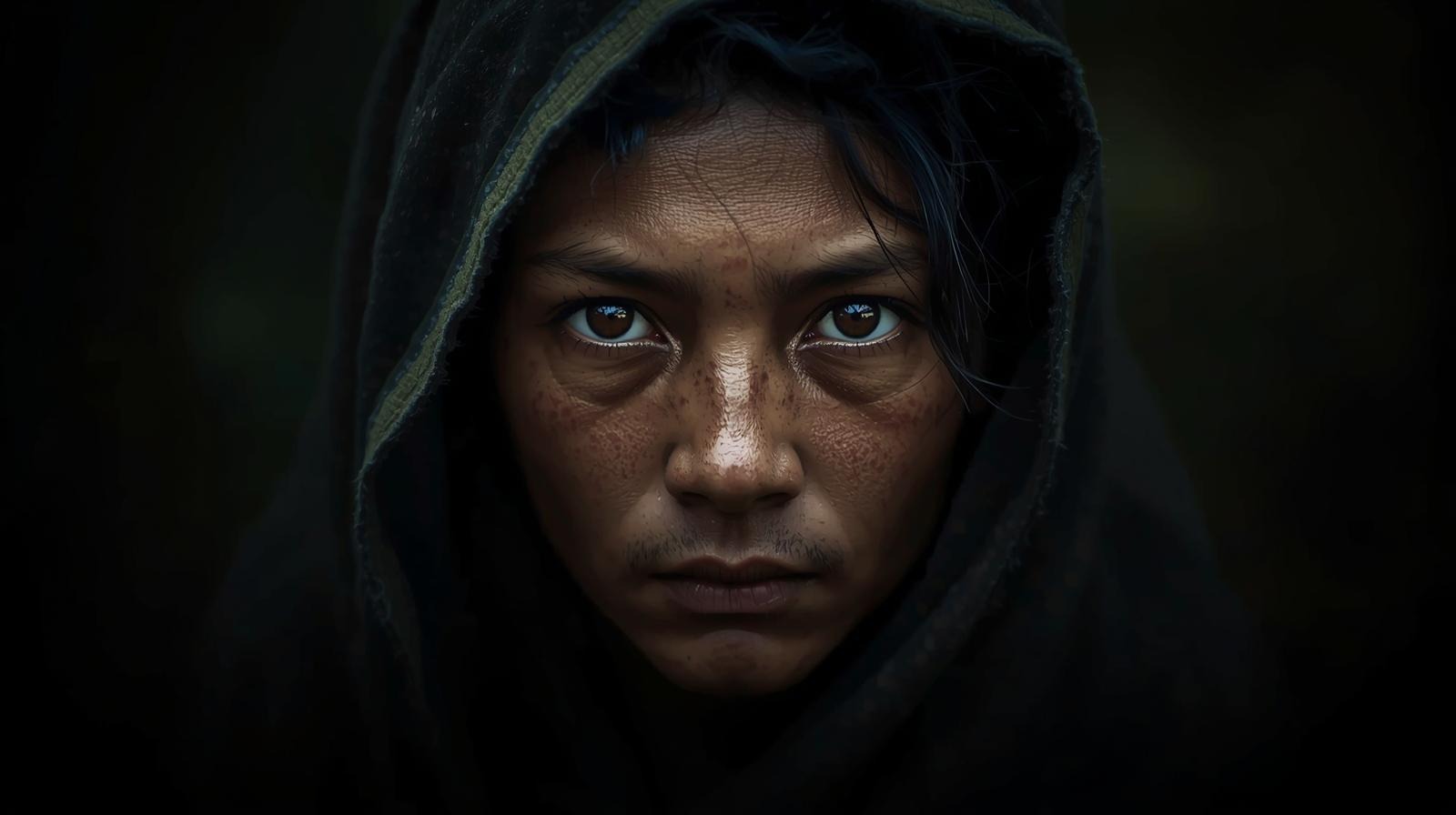 A young Colombian miner under a dark hood, freckles and intense eyes lit against the night of the forest.