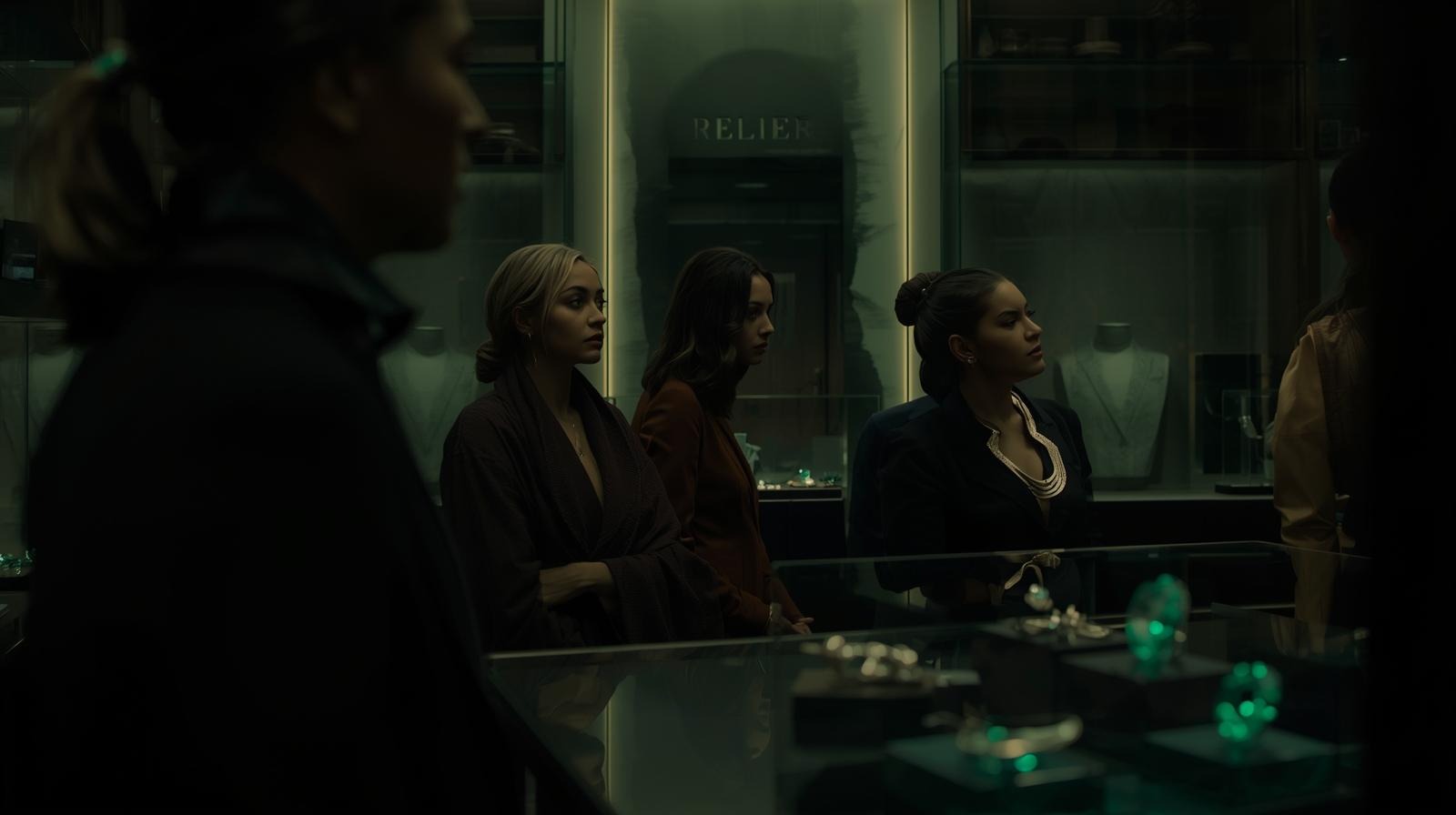 Three women, lit from behind, contemplating jewels inside a softly lit vitrine.