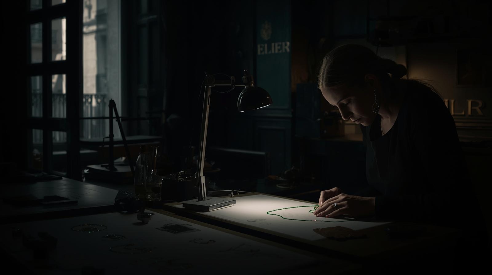 A designer drawing a necklace under the studio lamp