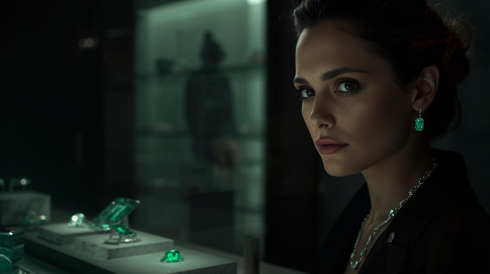 A woman wearing a Relier emerald earring, the gem casting a quiet green glow against the dark room.